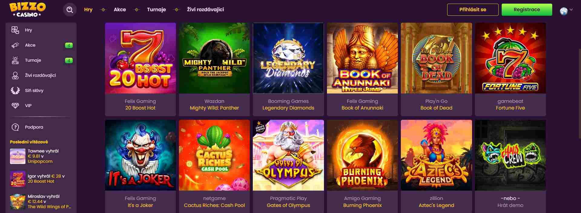 Herní katalog BizzoCasino 